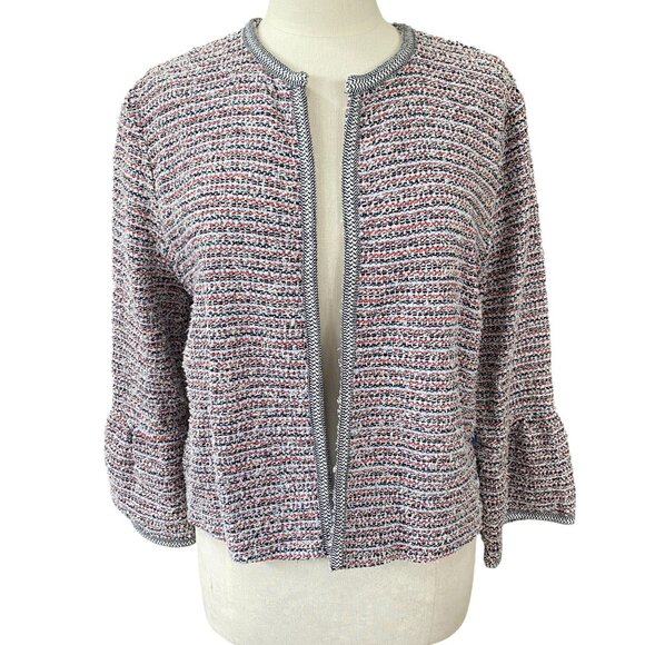 LOFT Tweed Wool Blend Striped Open Jacket Sz L Bell Sleeve Office Career Mature - Picture 1 of 11